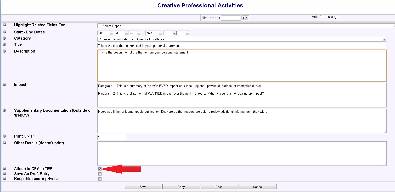 Figure 1 - Creative Professional Activity Record Entry Screen Example Figure 1 - Creative Professional Activity Record Entry Screen Example