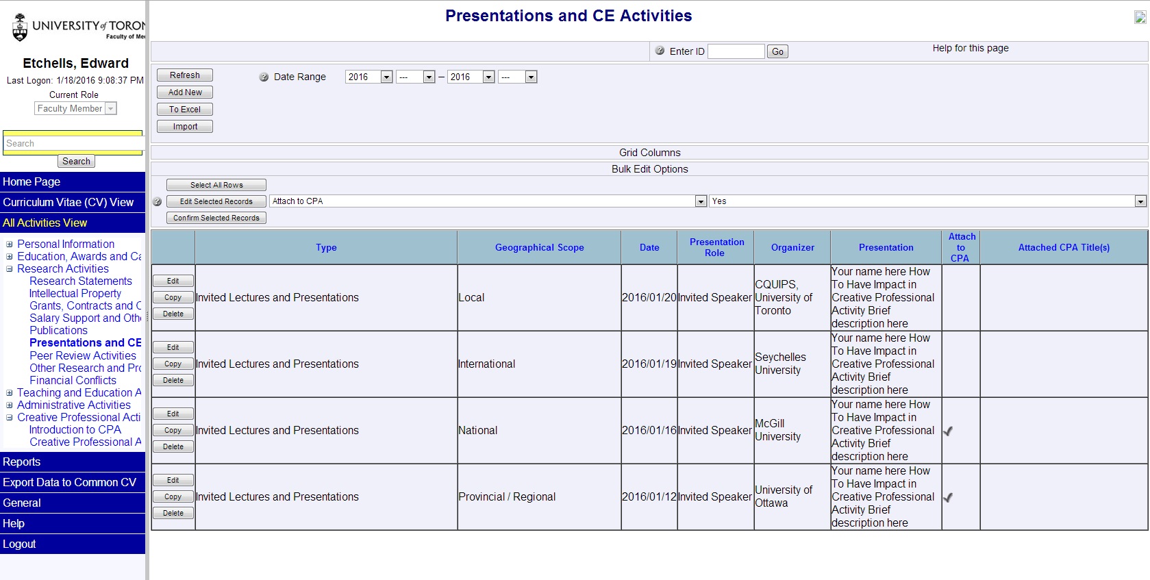 Figure 2 - Example of Presentation list within WebCV Figure 2 - Example of Presentation list within WebCV