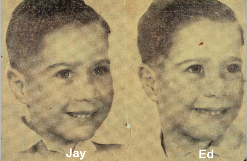 Jay and Ed Keystone at age 11, placing second in a twin lookalike contest for the Toronto Telegram